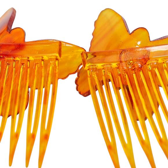 Vintage Amber Celluloid Butterfly Hair Combs, Made in USA – 1940s Factory-Split - Picture 6 of 8